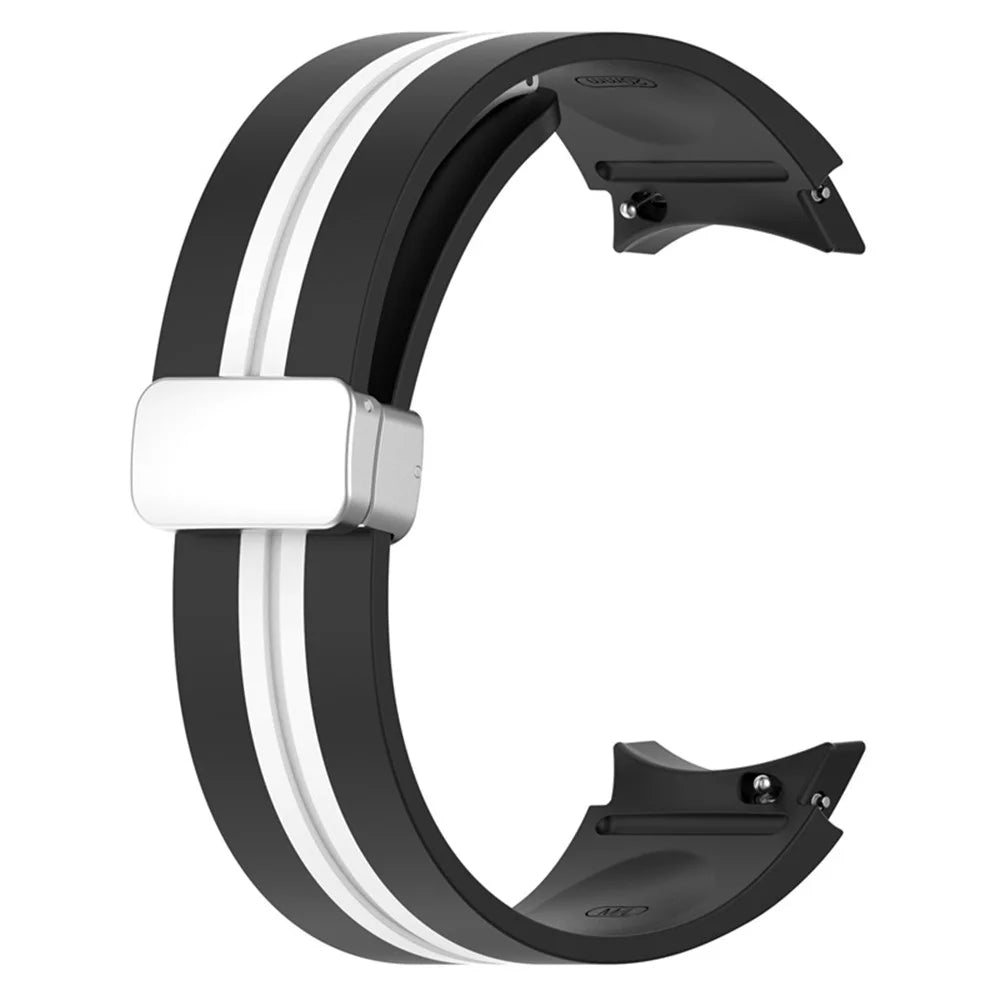 For Samsung Galaxy Watch 5 Pro 45mm Dual Color Silicone Watch Band Wrist Strap Replacement with Silver Magnetic Folding Buckle - Black / White - 2