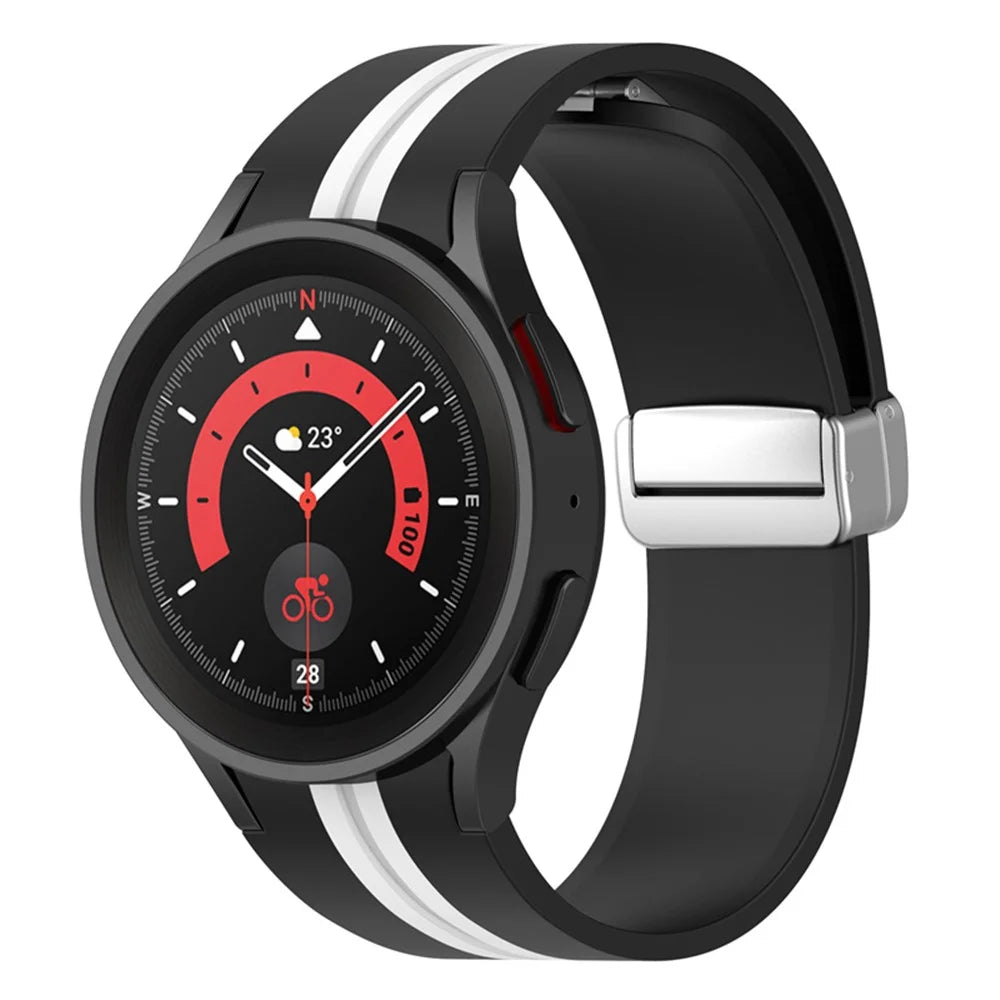 For Samsung Galaxy Watch 5 Pro 45mm Dual Color Silicone Watch Band Wrist Strap Replacement with Silver Magnetic Folding Buckle - Black / White - 4
