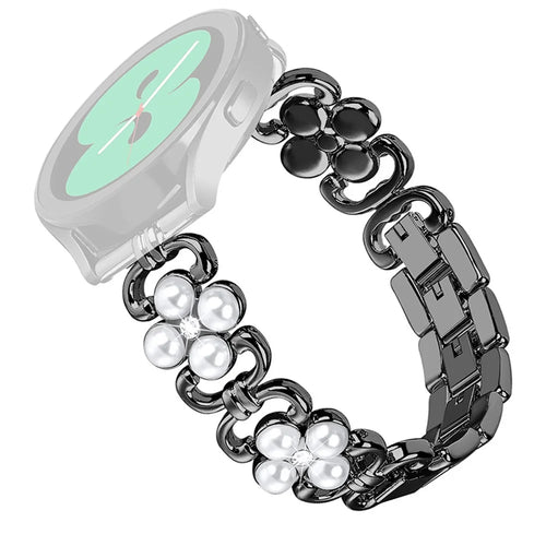 For Samsung Galaxy Watch 5 Active 40mm  /  44mm  /  Watch 5 Pro 45mm  /  Galaxy Watch 42mm Metal Watch Strap 20mm Flower Shape Watch Band with Rhinestone Decoration - Black - 1