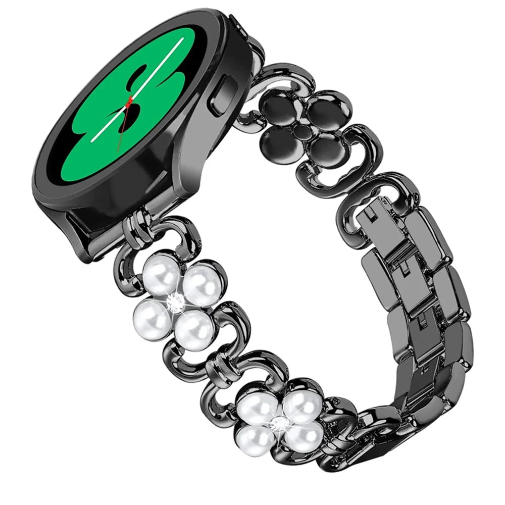 For Samsung Galaxy Watch 5 Active 40mm  /  44mm  /  Watch 5 Pro 45mm  /  Galaxy Watch 42mm Metal Watch Strap 20mm Flower Shape Watch Band with Rhinestone Decoration - Black - 2