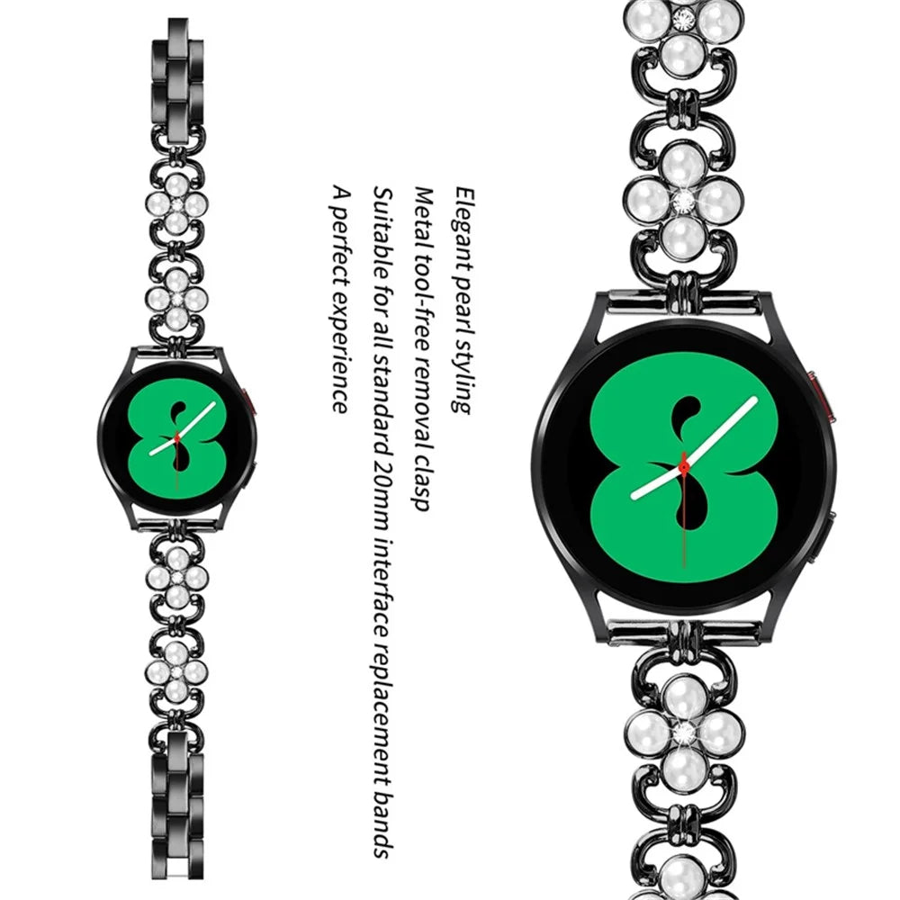 For Samsung Galaxy Watch 5 Active 40mm  /  44mm  /  Watch 5 Pro 45mm  /  Galaxy Watch 42mm Metal Watch Strap 20mm Flower Shape Watch Band with Rhinestone Decoration - Black - 3