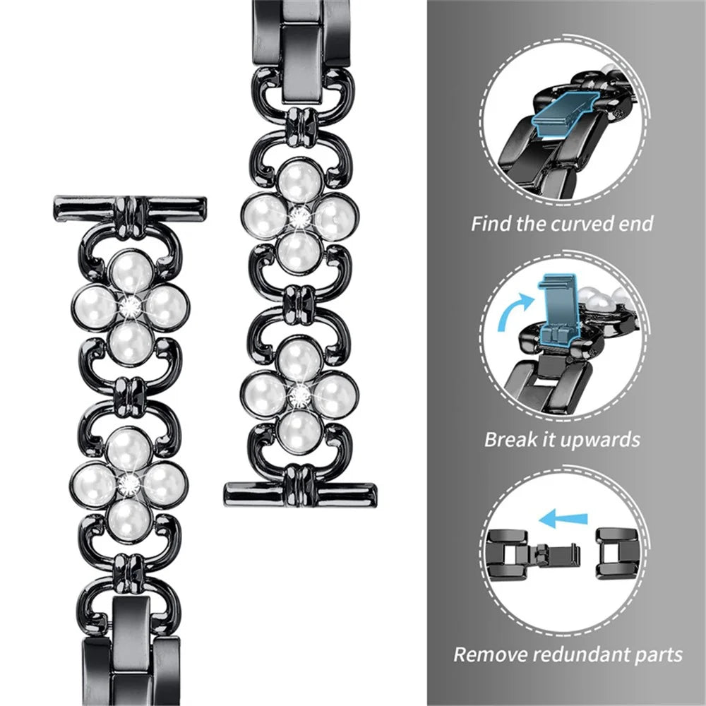 For Samsung Galaxy Watch 5 Active 40mm  /  44mm  /  Watch 5 Pro 45mm  /  Galaxy Watch 42mm Metal Watch Strap 20mm Flower Shape Watch Band with Rhinestone Decoration - Black - 4