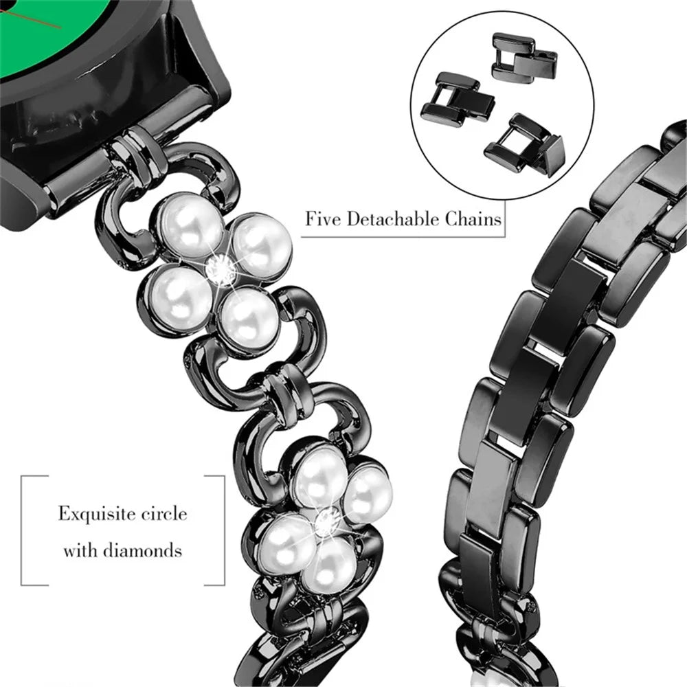 For Samsung Galaxy Watch 5 Active 40mm  /  44mm  /  Watch 5 Pro 45mm  /  Galaxy Watch 42mm Metal Watch Strap 20mm Flower Shape Watch Band with Rhinestone Decoration - Black - 5