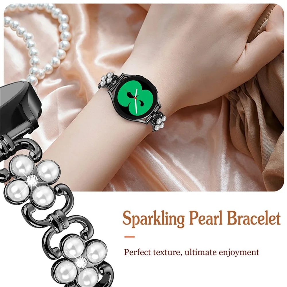 For Samsung Galaxy Watch 5 Active 40mm  /  44mm  /  Watch 5 Pro 45mm  /  Galaxy Watch 42mm Metal Watch Strap 20mm Flower Shape Watch Band with Rhinestone Decoration - Black - 6