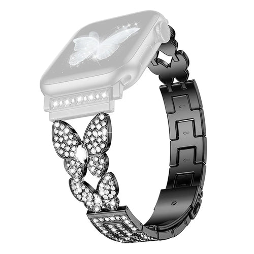 For Apple Watch Series 11 10 42mm / 9 8 7 41mm / SE3 SE2 SE 6 5 4 40mm / 3 2 1 38mm Metal Watch Strap Quick Release Watch Band Rhinestone Decorated Butterfly Watchband - Black - 1