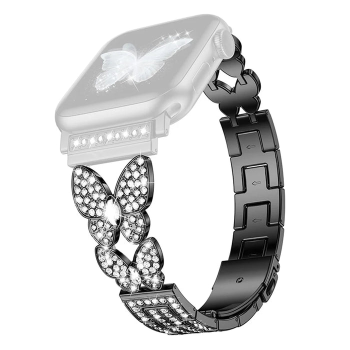 For Apple Watch Series 11 10 42mm / 9 8 7 41mm / SE3 SE2 SE 6 5 4 40mm / 3 2 1 38mm Metal Watch Strap Quick Release Watch Band Rhinestone Decorated Butterfly Watchband - Black - 1