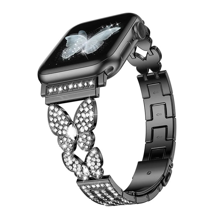 For Apple Watch Series 11 10 42mm / 9 8 7 41mm / SE3 SE2 SE 6 5 4 40mm / 3 2 1 38mm Metal Watch Strap Quick Release Watch Band Rhinestone Decorated Butterfly Watchband - Black - 2