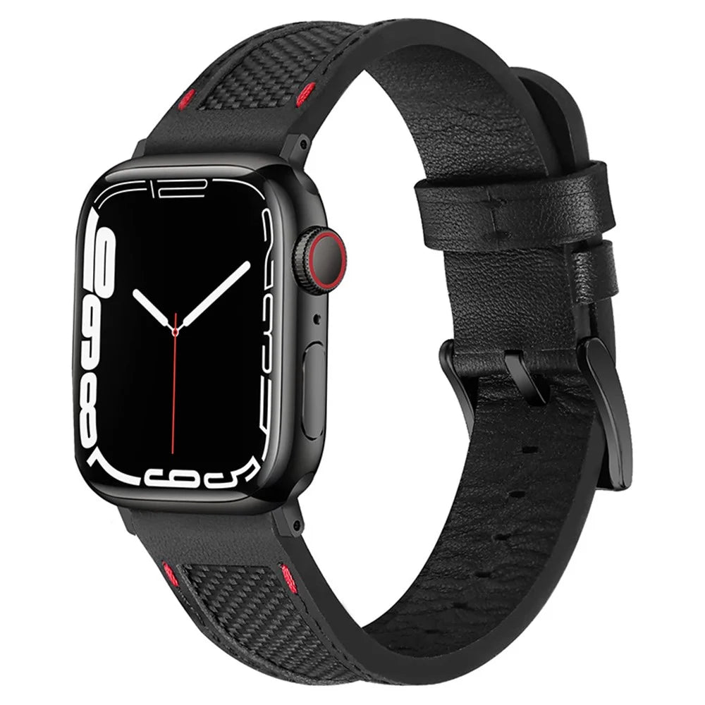 For Apple Watch Series 9 / 8 / 7 41mm / 6 / 5 / 4 / SE / SE (2022) / SE (2023) 40mm / 3 / 2 / 1 38mm Stitching Watch Band Canvas Nylon + Top Grain Leather Sports Strap Replacement Bracelet - Black / Black Buckle - 2