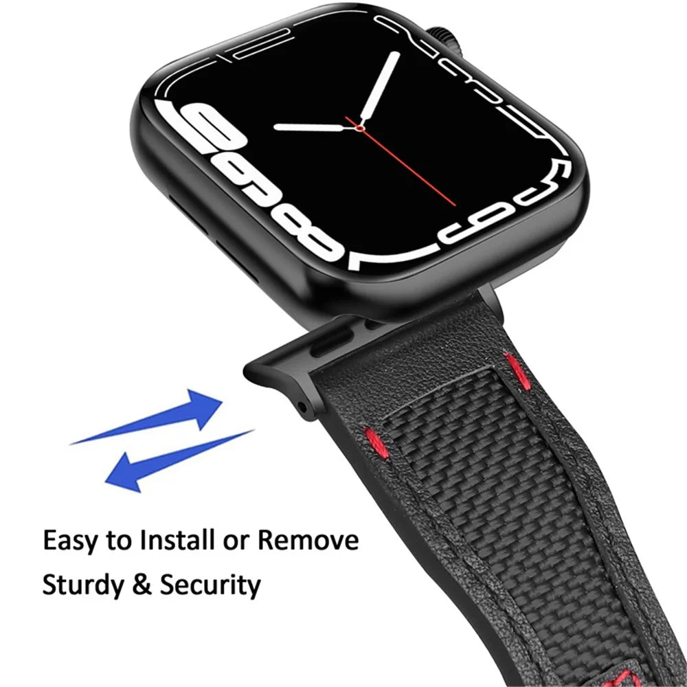 For Apple Watch Series 9 / 8 / 7 41mm / 6 / 5 / 4 / SE / SE (2022) / SE (2023) 40mm / 3 / 2 / 1 38mm Stitching Watch Band Canvas Nylon + Top Grain Leather Sports Strap Replacement Bracelet - Black / Black Buckle - 4