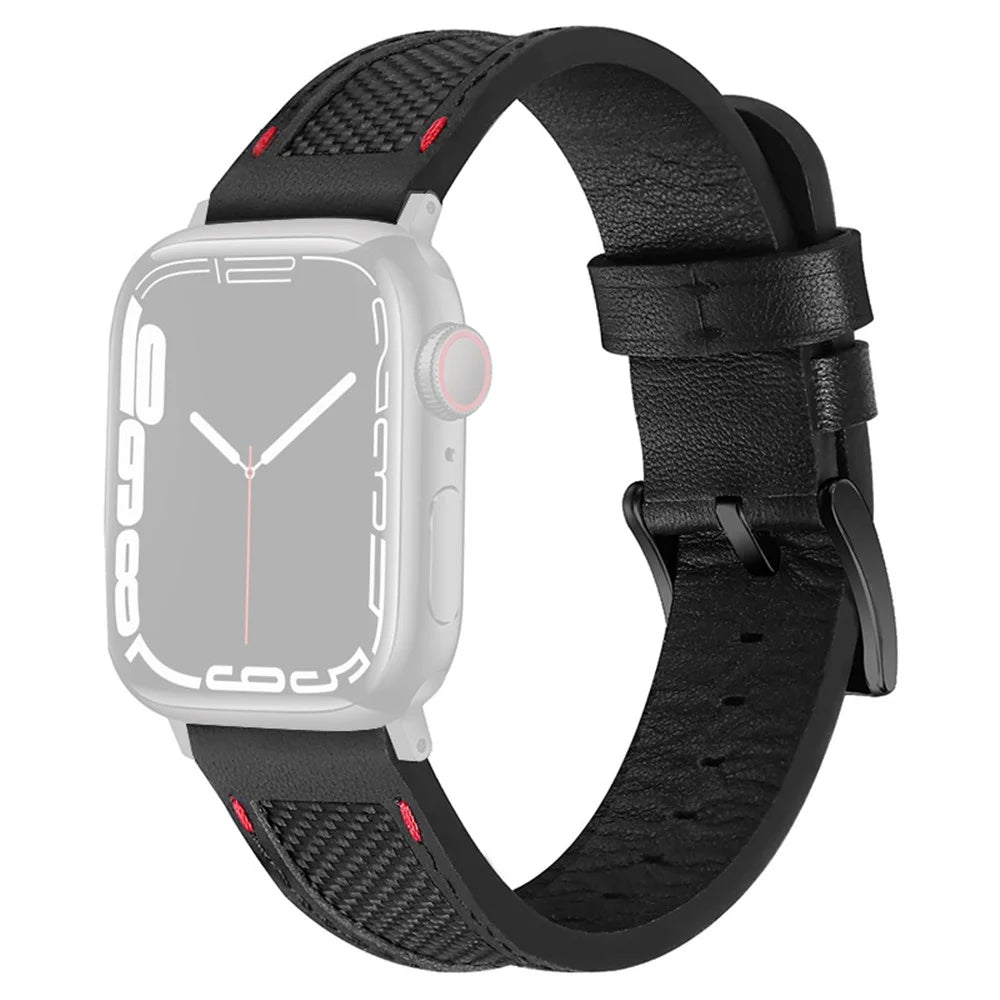 For Apple Watch Ultra 2 49mm / Series 9 45mm / SE (2023) 44mm / Ultra 49mm / 8 7 45mm / 6 5 4 SE (2022) SE 44mm / 3 2 1 42mm Watch Band Stitching Canvas Nylon + Top Grain Leather Wrist Strap - Black / Black Buckle - 1