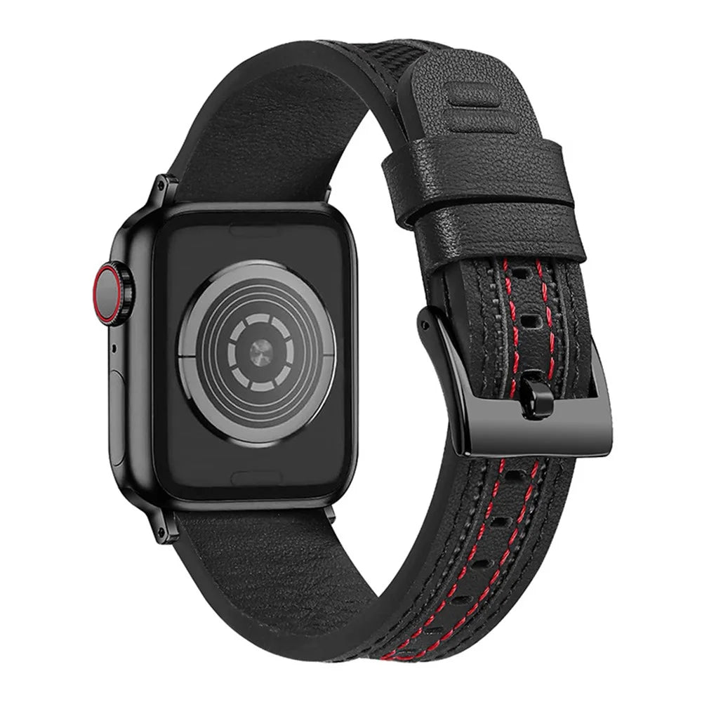 For Apple Watch Ultra 2 49mm / Series 9 45mm / SE (2023) 44mm / Ultra 49mm / 8 7 45mm / 6 5 4 SE (2022) SE 44mm / 3 2 1 42mm Watch Band Stitching Canvas Nylon + Top Grain Leather Wrist Strap - Black / Black Buckle - 3