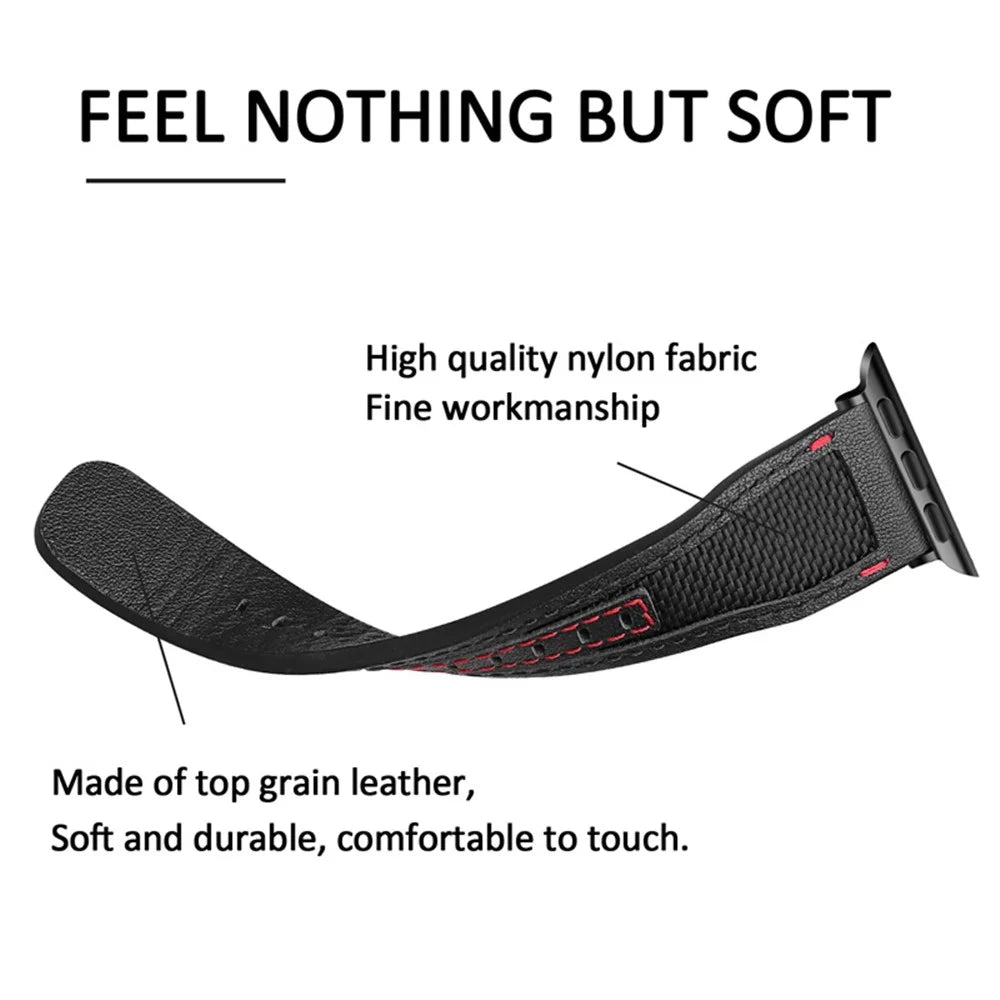 For Apple Watch Ultra 2 49mm / Series 9 45mm / SE (2023) 44mm / Ultra 49mm / 8 7 45mm / 6 5 4 SE (2022) SE 44mm / 3 2 1 42mm Watch Band Stitching Canvas Nylon + Top Grain Leather Wrist Strap - Black / Black Buckle - 5
