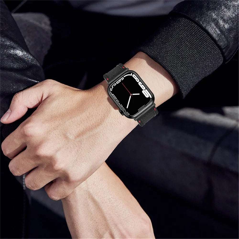 For Apple Watch Ultra 2 49mm / Series 9 45mm / SE (2023) 44mm / Ultra 49mm / 8 7 45mm / 6 5 4 SE (2022) SE 44mm / 3 2 1 42mm Watch Band Stitching Canvas Nylon + Top Grain Leather Wrist Strap - Black / Black Buckle - 6