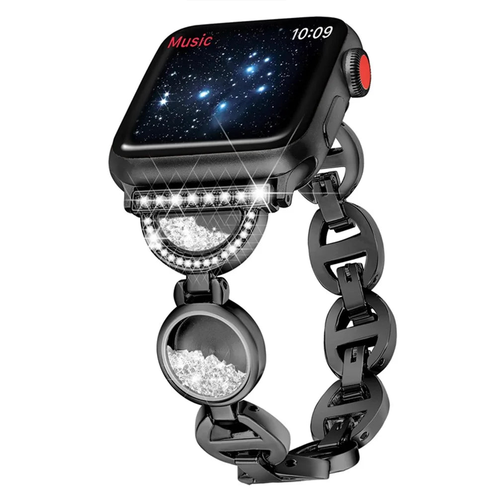 For Apple Watch Series 11 10 42mm / 9 8 7 41mm / SE3 SE2 SE 6 5 4 40mm / 3 2 1 38mm Stainless Steel Watch Band Rhinestones Quicksand Wrist Strap - Black - 1