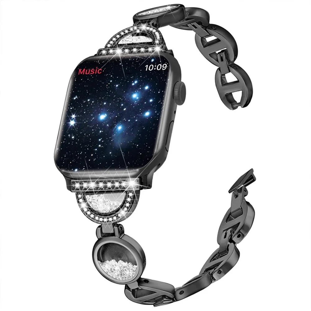 For Apple Watch Series 11 10 42mm / 9 8 7 41mm / SE3 SE2 SE 6 5 4 40mm / 3 2 1 38mm Stainless Steel Watch Band Rhinestones Quicksand Wrist Strap - Black - 2