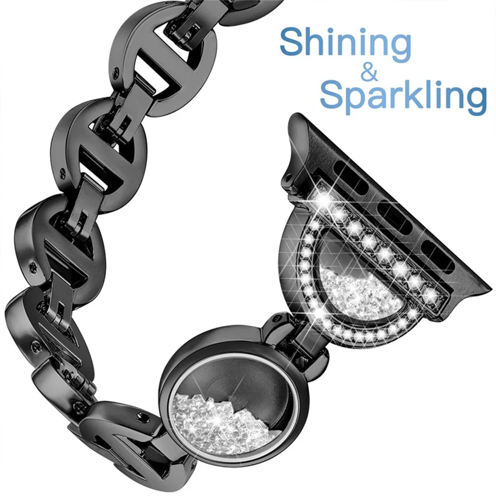 For Apple Watch Series 11 10 42mm / 9 8 7 41mm / SE3 SE2 SE 6 5 4 40mm / 3 2 1 38mm Stainless Steel Watch Band Rhinestones Quicksand Wrist Strap - Black - 4