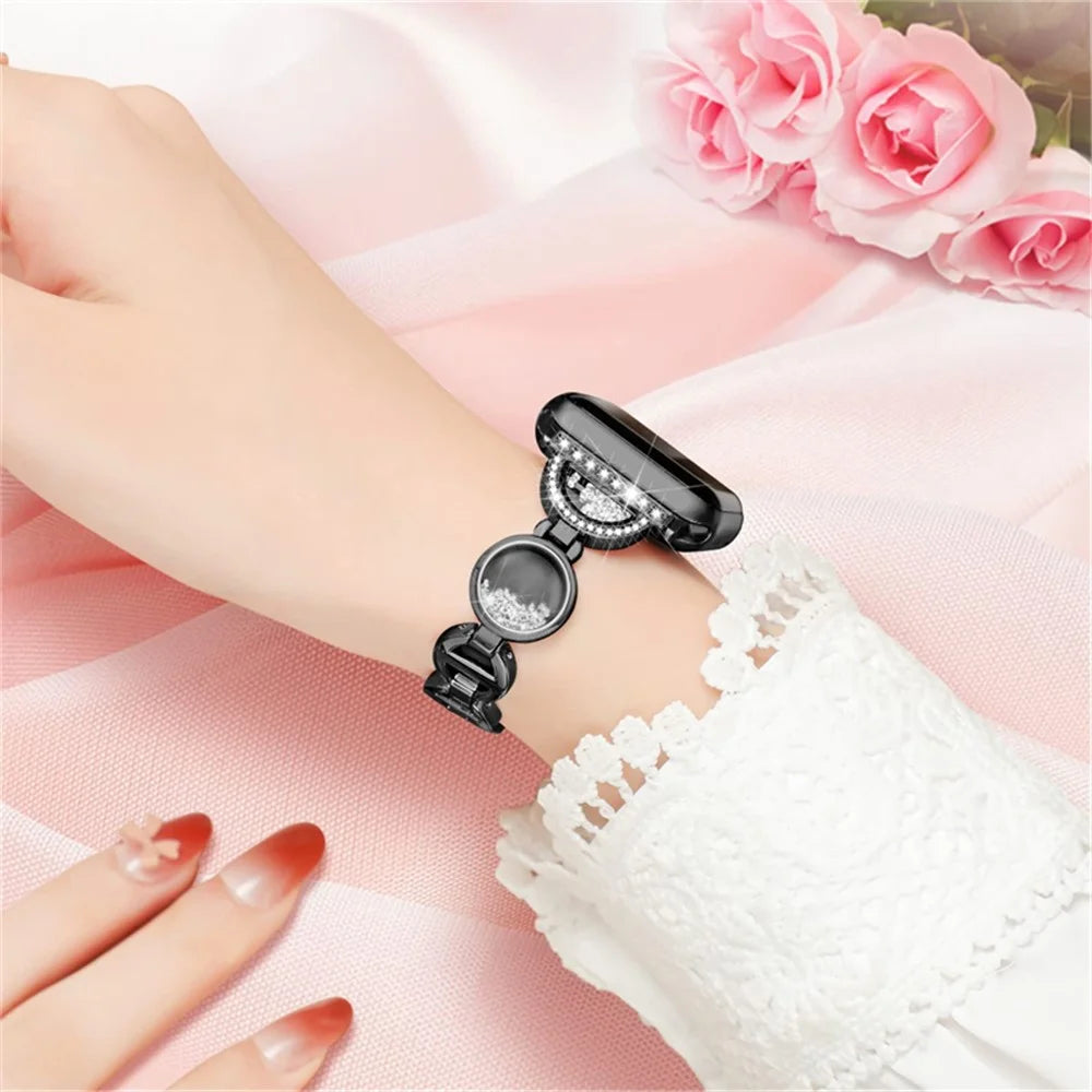 For Apple Watch Series 11 10 42mm / 9 8 7 41mm / SE3 SE2 SE 6 5 4 40mm / 3 2 1 38mm Stainless Steel Watch Band Rhinestones Quicksand Wrist Strap - Black - 6