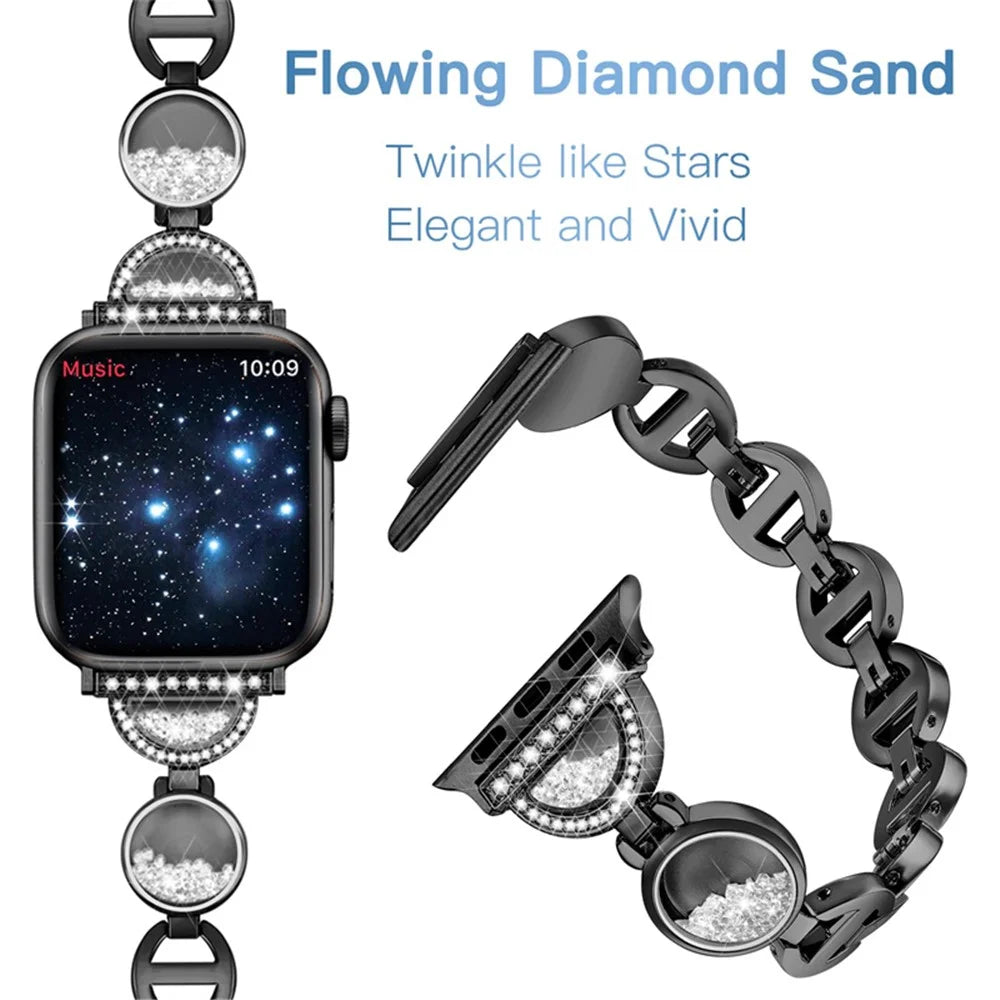 For Apple Watch Ultra 3 2 1 49mm / Series 11 10 46mm / 9 8 7 45mm / SE3 SE2 SE 6 5 4 44mm / 3 2 1 42mm Quicksand Watch Band Rhinestones Decor Stainless Steel Bracelet - Black - 3