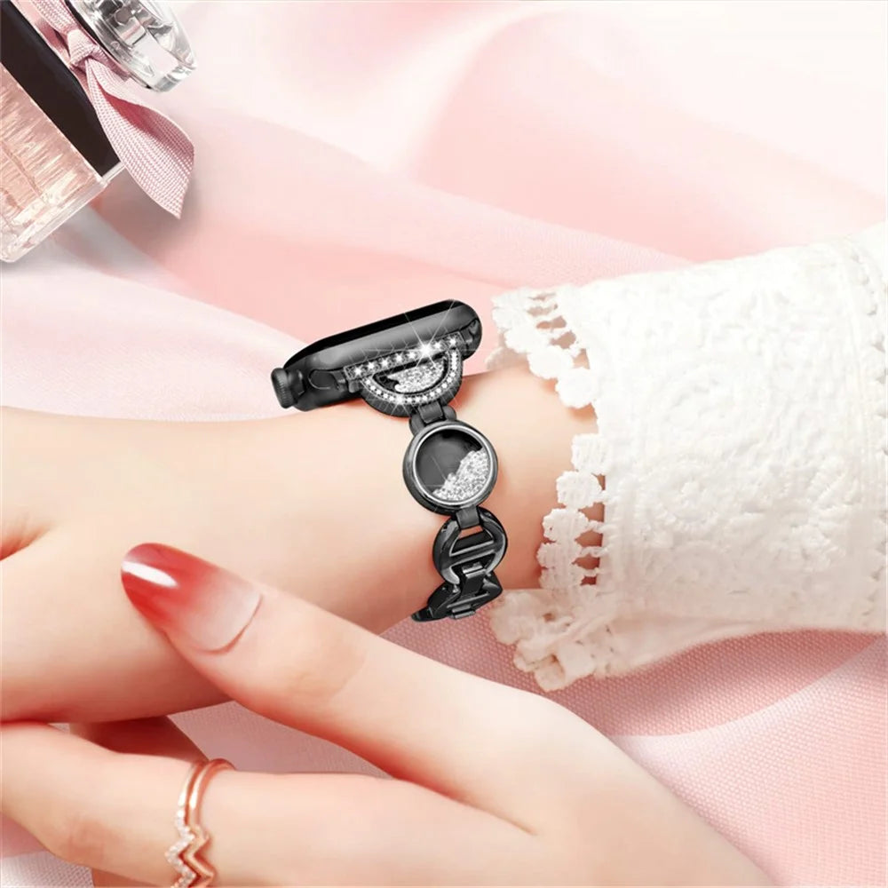 For Apple Watch Ultra 3 2 1 49mm / Series 11 10 46mm / 9 8 7 45mm / SE3 SE2 SE 6 5 4 44mm / 3 2 1 42mm Quicksand Watch Band Rhinestones Decor Stainless Steel Bracelet - Black - 5