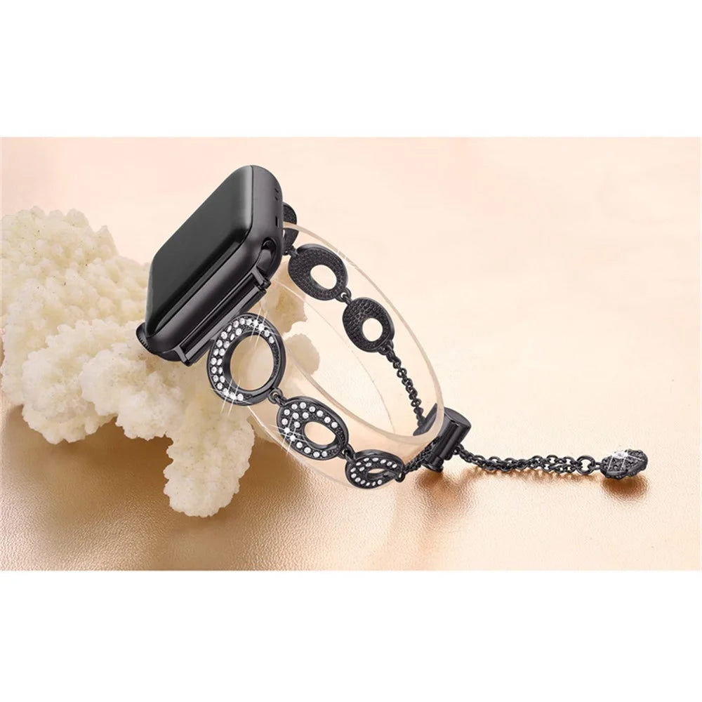 For Apple Watch Series 11 10 42mm / 9 8 7 41mm / SE3 SE2 SE 6 5 4 40mm / 3 2 1 38mm Rhinestone Decor Bling Bracelet Stainless Steel Wristband Strap - Black - 2