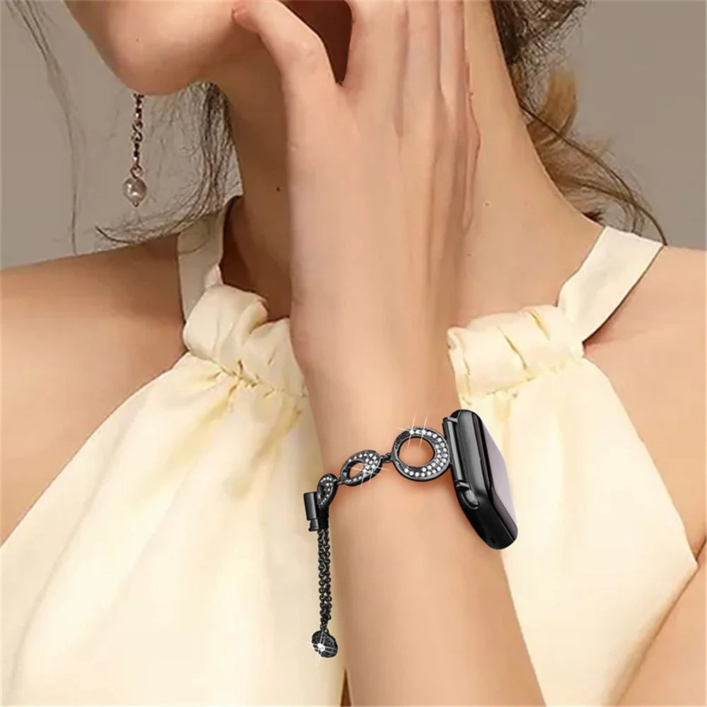 For Apple Watch Series 11 10 42mm / 9 8 7 41mm / SE3 SE2 SE 6 5 4 40mm / 3 2 1 38mm Rhinestone Decor Bling Bracelet Stainless Steel Wristband Strap - Black - 5