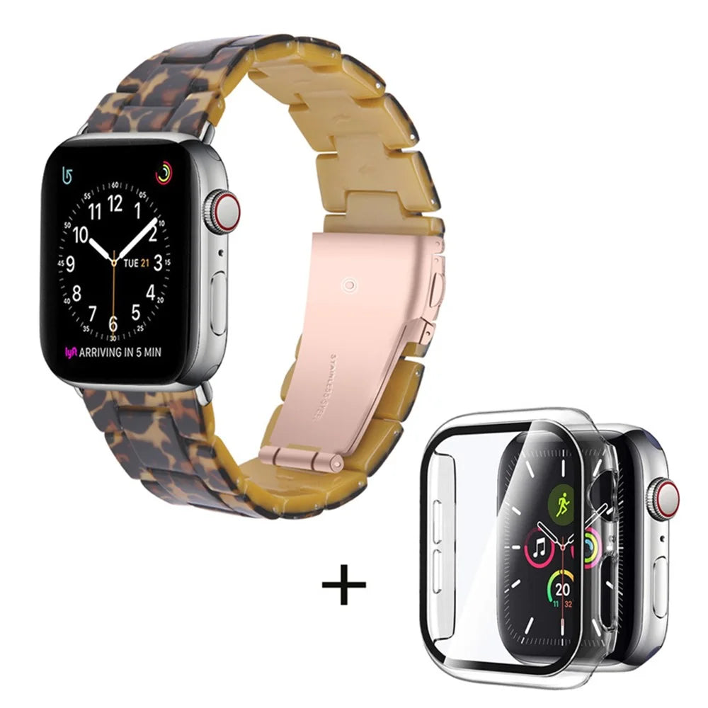 For Apple Watch Series 6 / 5 / 4 / SE / SE (2022) 44mm 3 Beads Resin Watch Strap Replacement Wrist Band with Transparent Watch Case - Leopard - 1