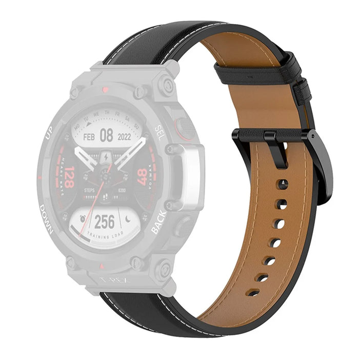 For Huami Amazfit T-Rex 2 Genuine Leather Replacement Watch Strap Adjustable Wrist Band with Tool - Black - 1