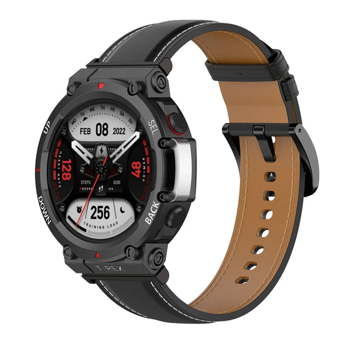 For Huami Amazfit T-Rex 2 Genuine Leather Replacement Watch Strap Adjustable Wrist Band with Tool - Black - 2