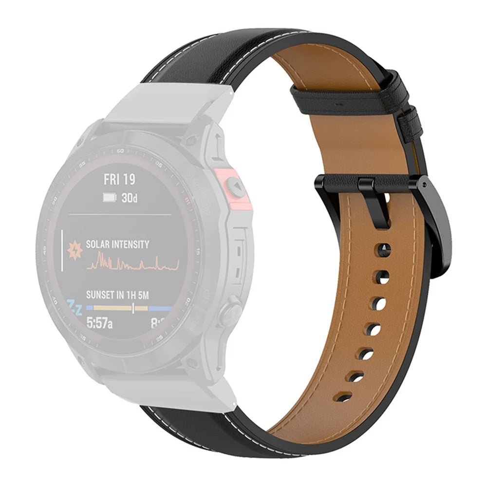 For Garmin Fenix 7 / Instinct 2 / Fenix 5 / Forerunner 935 / Forerunner 945 Watch Strap Genuine Leather Smart Watch Band with Tool - Black - 1