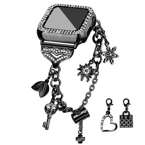 For Apple Watch Series 6 / 5 / 4 / SE (2022) / SE 40mm Bracelet Watch Band Rhinestone Decor Pendant Metal Strap with PC Half Protective Frame Cover - Black - 1