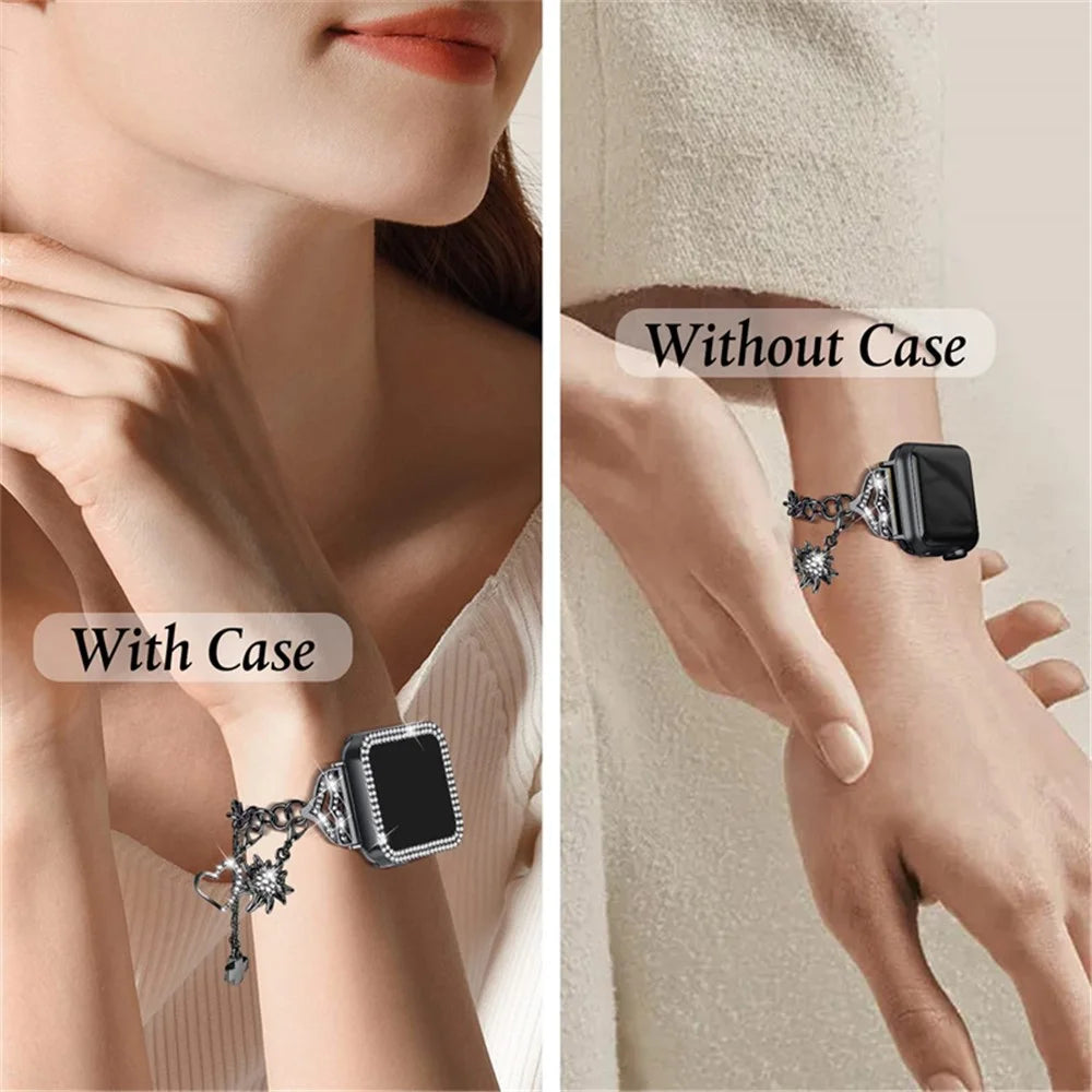 For Apple Watch Series 6 / 5 / 4 / SE (2022) / SE 40mm Bracelet Watch Band Rhinestone Decor Pendant Metal Strap with PC Half Protective Frame Cover - Black - 5