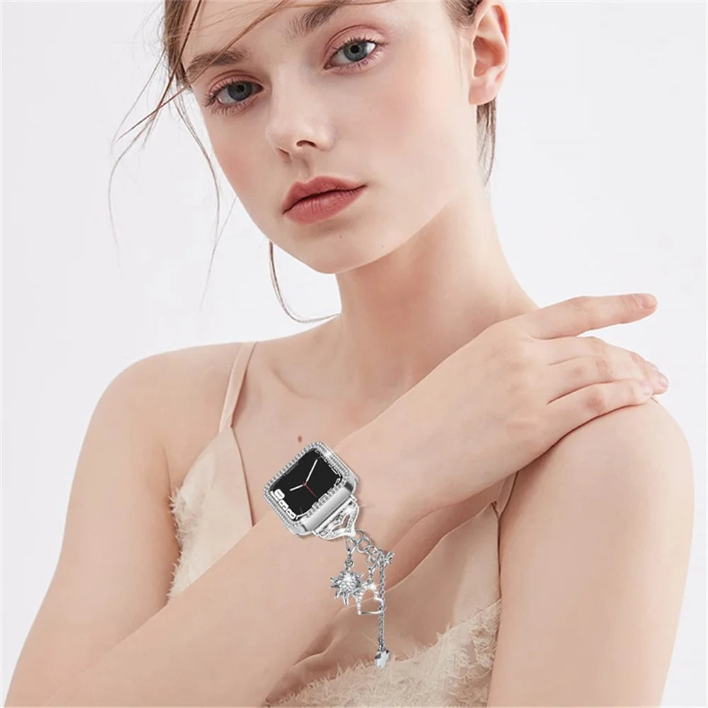 For Apple Watch Series 3 / 2 / 1 38mm Metal Watch Band with Hollow Rhinestone Decor PC Protective Frame Cover Adjustable Pendant Bracelet - Silver - 4