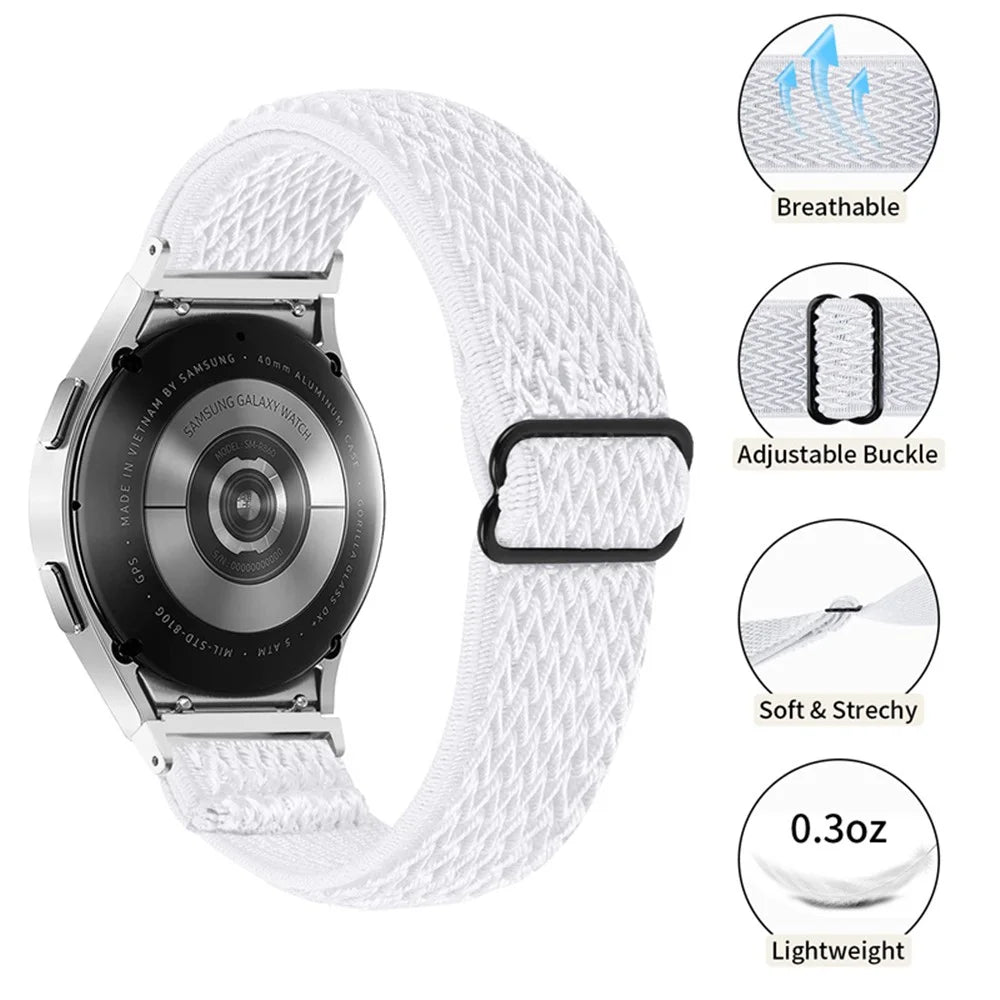 For Samsung Galaxy Watch6 40mm 44mm / Watch6 Classic 43mm 47mm / Watch 5 40mm 44mm / 5 Pro 45mm / Watch4 40mm 44mm Braided Nylon Smart Watch Strap Replacement Stretchy Wrist Band - White - 4