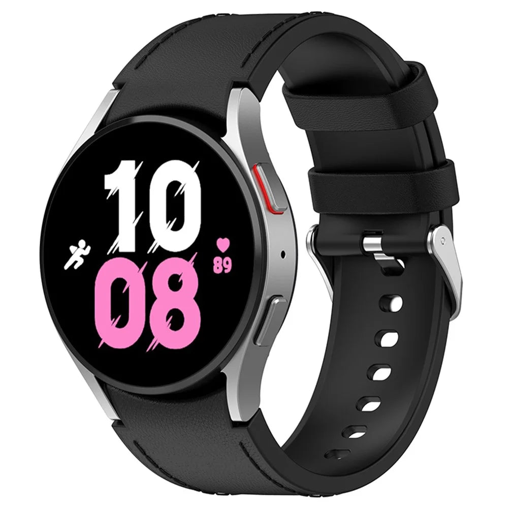 For Samsung Galaxy Watch3 41mm / Watch6 40mm 44mm / Watch6 Classic 43mm 47mm / Watch 5 40mm 44mm / 5 Pro 45mm / Watch4 40mm 44mm Watch Band PU Leather Coated Silicone Watch Strap, Size: L - Black - 4