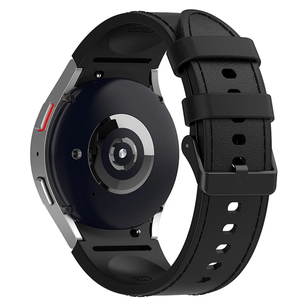 For Samsung Galaxy Watch3 41mm / Watch6 40mm 44mm / Watch6 Classic 43mm 47mm / Watch 5 40mm 44mm / 5 Pro 45mm / Watch4 40mm 44mm PU Leather Coated Silicone Watch Band Replacement Strap with Black Buckle, Size: L - Black - 1