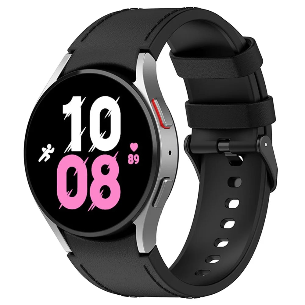 For Samsung Galaxy Watch3 41mm / Watch6 40mm 44mm / Watch6 Classic 43mm 47mm / Watch 5 40mm 44mm / 5 Pro 45mm / Watch4 40mm 44mm PU Leather Coated Silicone Watch Band Replacement Strap with Black Buckle, Size: L - Black - 4