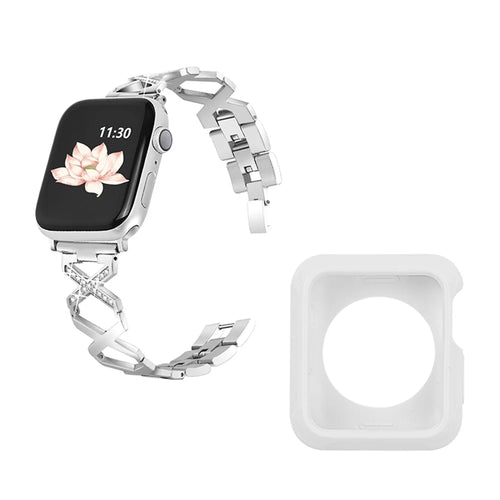 For Apple Watch Series 3 / 2 / 1 42mm X-Shape Rhinestones Decor Hollow Stainless Steel Wrist Strap + White TPU Watch Case - Silver - 1