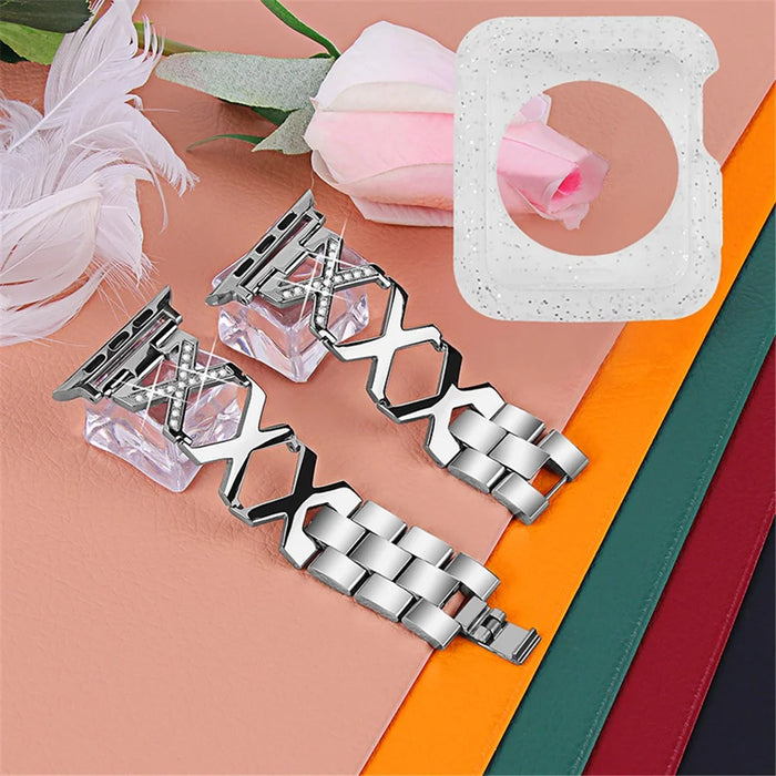 For Apple Watch Series 3 / 2 / 1 42mm Hollow X-Shape Rhinestones Decor Stainless Steel Replacement Strap + Glitter Silver TPU Watch Case - Silver - 2