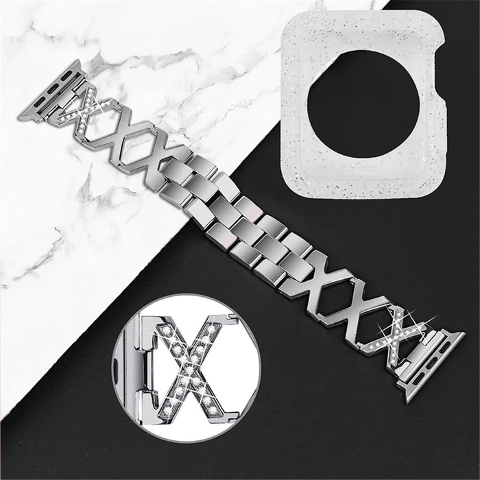 For Apple Watch Series 3 / 2 / 1 42mm Hollow X-Shape Rhinestones Decor Stainless Steel Replacement Strap + Glitter Silver TPU Watch Case - Silver - 3