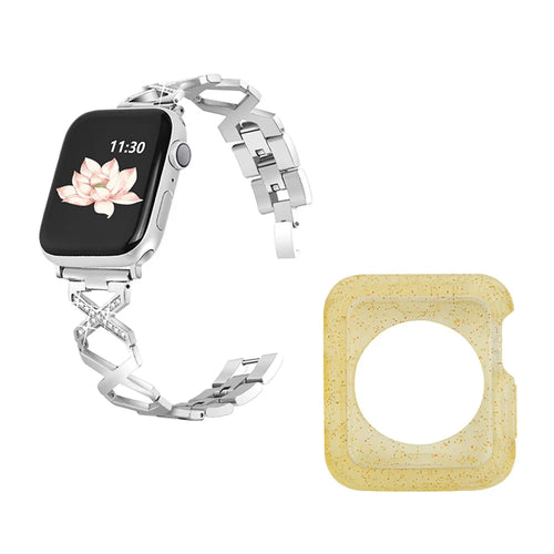 For Apple Watch Series 3 / 2 / 1 42mm Hollow X-Shape Rhinestones Decor Stainless Steel Smartwatch Strap + Yellow TPU Protective Case - Silver - 1
