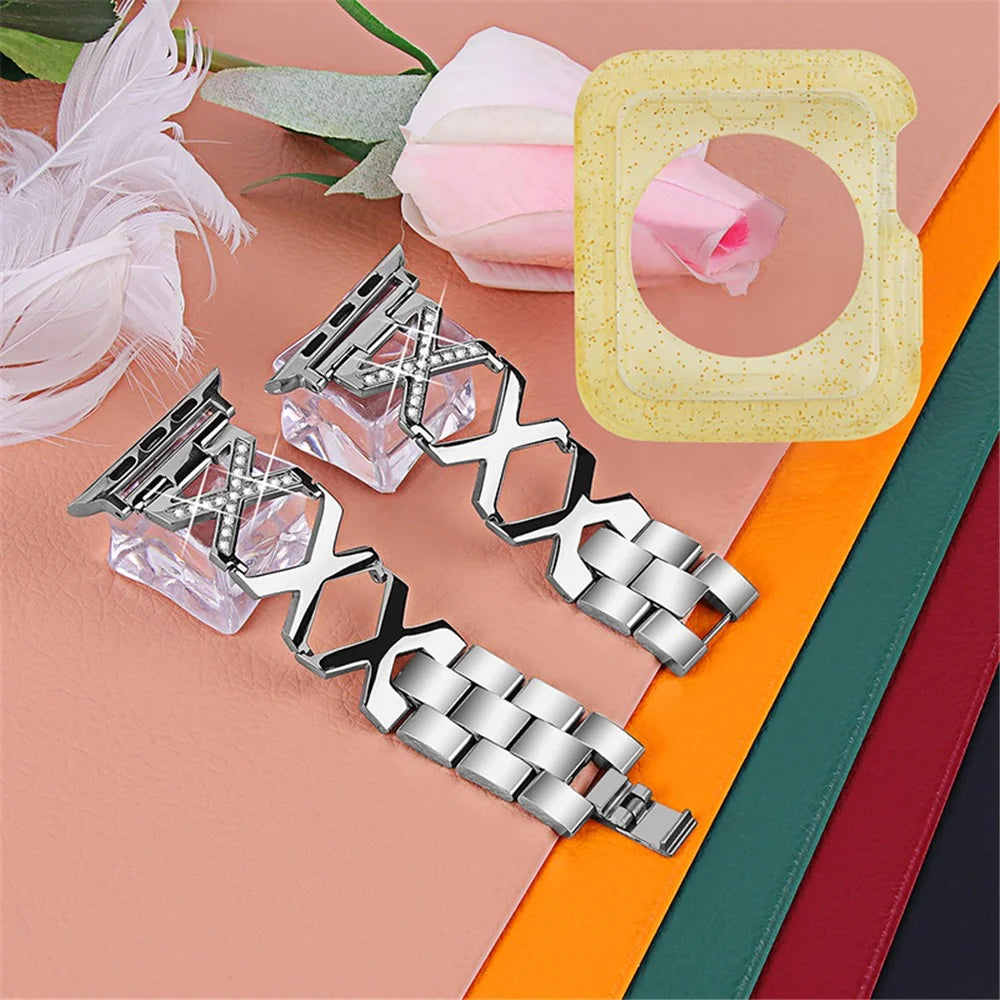 For Apple Watch Series 3 / 2 / 1 42mm Hollow X-Shape Rhinestones Decor Stainless Steel Smartwatch Strap + Yellow TPU Protective Case - Silver - 2