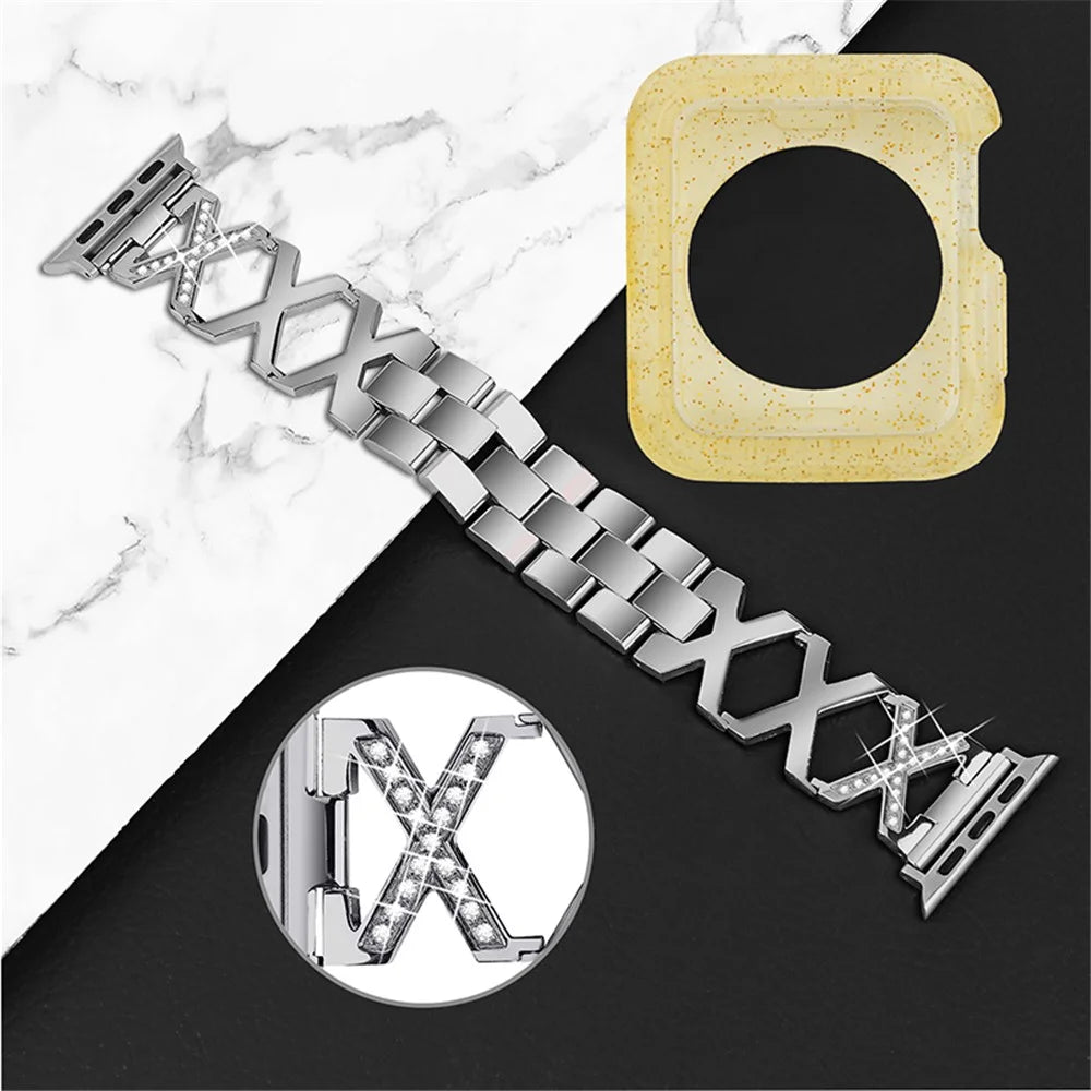 For Apple Watch Series 3 / 2 / 1 42mm Hollow X-Shape Rhinestones Decor Stainless Steel Smartwatch Strap + Yellow TPU Protective Case - Silver - 3