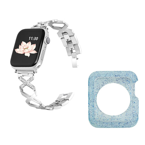 For Apple Watch Series 3 / 2 / 1 42mm Rhinestones Decor Hollow X-Shape Stainless Steel Wrist Band + Glitter Blue TPU Watch Case - Silver - 1