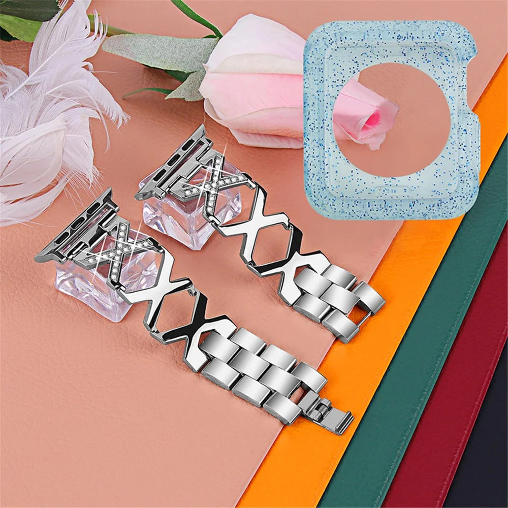 For Apple Watch Series 3 / 2 / 1 42mm Rhinestones Decor Hollow X-Shape Stainless Steel Wrist Band + Glitter Blue TPU Watch Case - Silver - 2