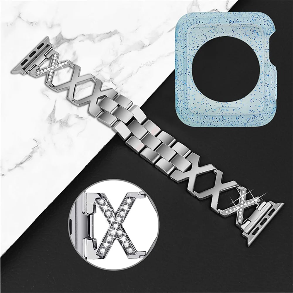 For Apple Watch Series 3 / 2 / 1 42mm Rhinestones Decor Hollow X-Shape Stainless Steel Wrist Band + Glitter Blue TPU Watch Case - Silver - 3
