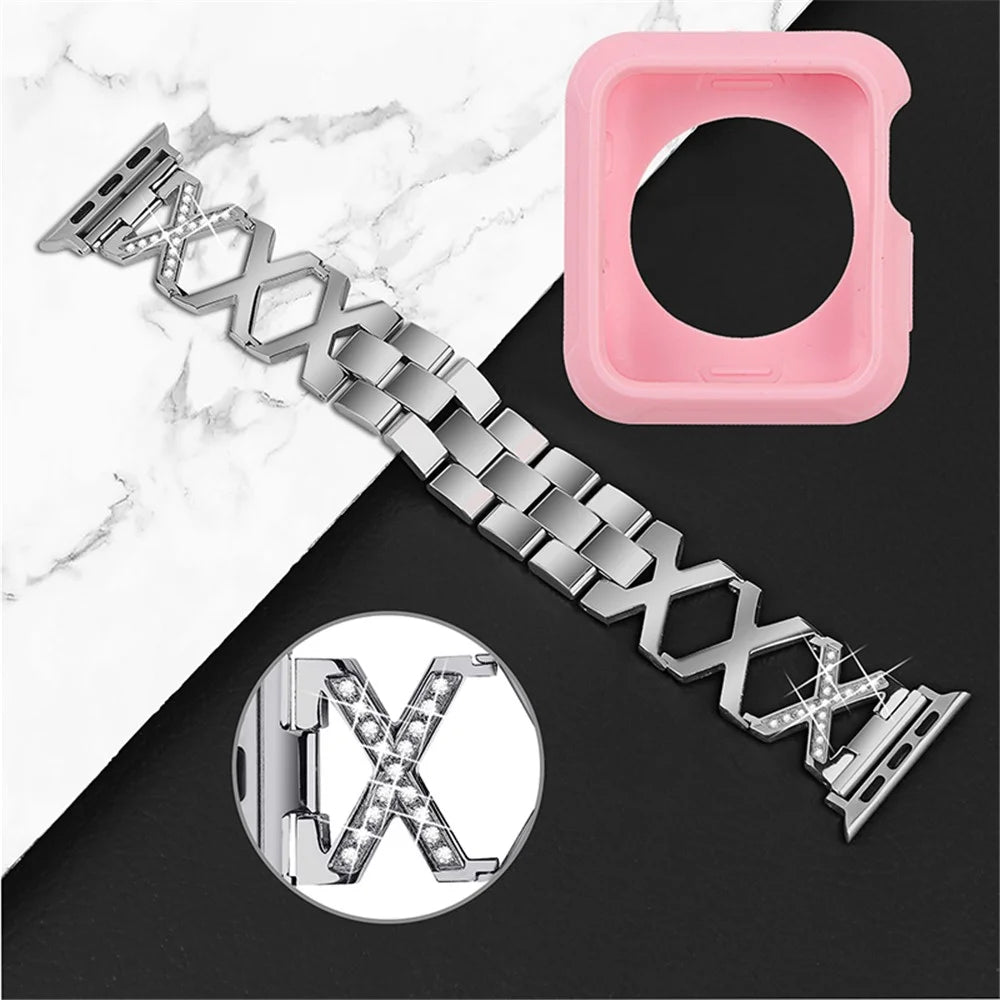 For Apple Watch Series 3 / 2 / 1 42mm Replacement Strap Hollow X-Shape Rhinestones Decor Stainless Steel Band + Pink TPU Protective Case - Silver - 3