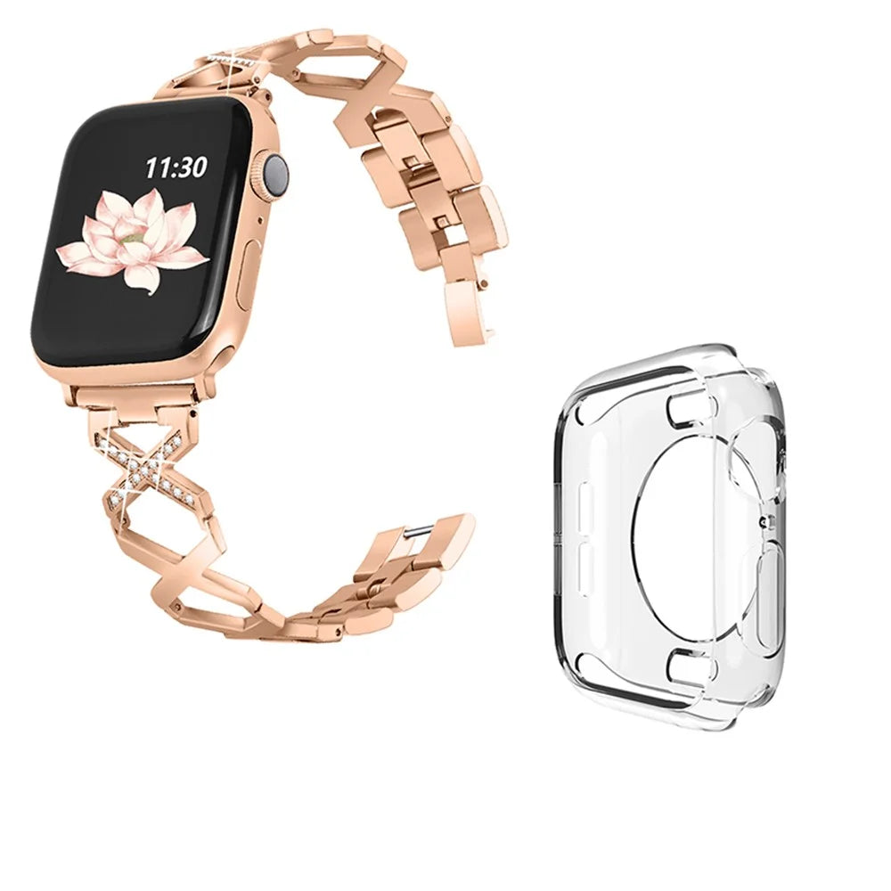 For Apple Watch Series 3 / 2 / 1 42mm Hollow X-Shape Shiny Rhinestones Decor Stainless Steel Strap + Transparent TPU Anti-Scratch Watch Case - Rose Gold - 1