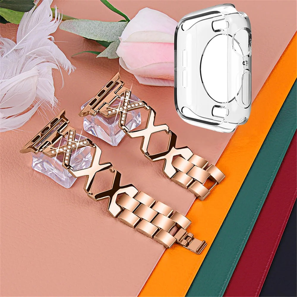 For Apple Watch Series 3 / 2 / 1 42mm Hollow X-Shape Shiny Rhinestones Decor Stainless Steel Strap + Transparent TPU Anti-Scratch Watch Case - Rose Gold - 2