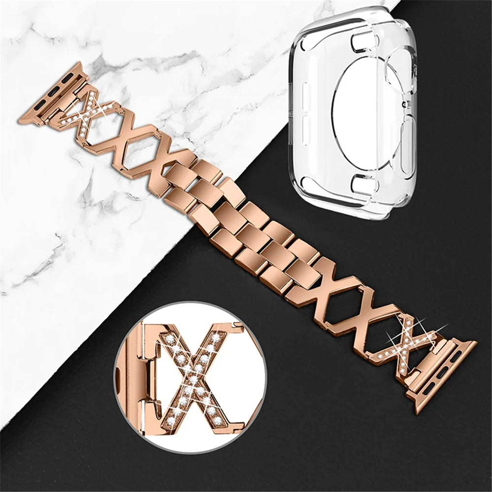 For Apple Watch Series 3 / 2 / 1 42mm Hollow X-Shape Shiny Rhinestones Decor Stainless Steel Strap + Transparent TPU Anti-Scratch Watch Case - Rose Gold - 3