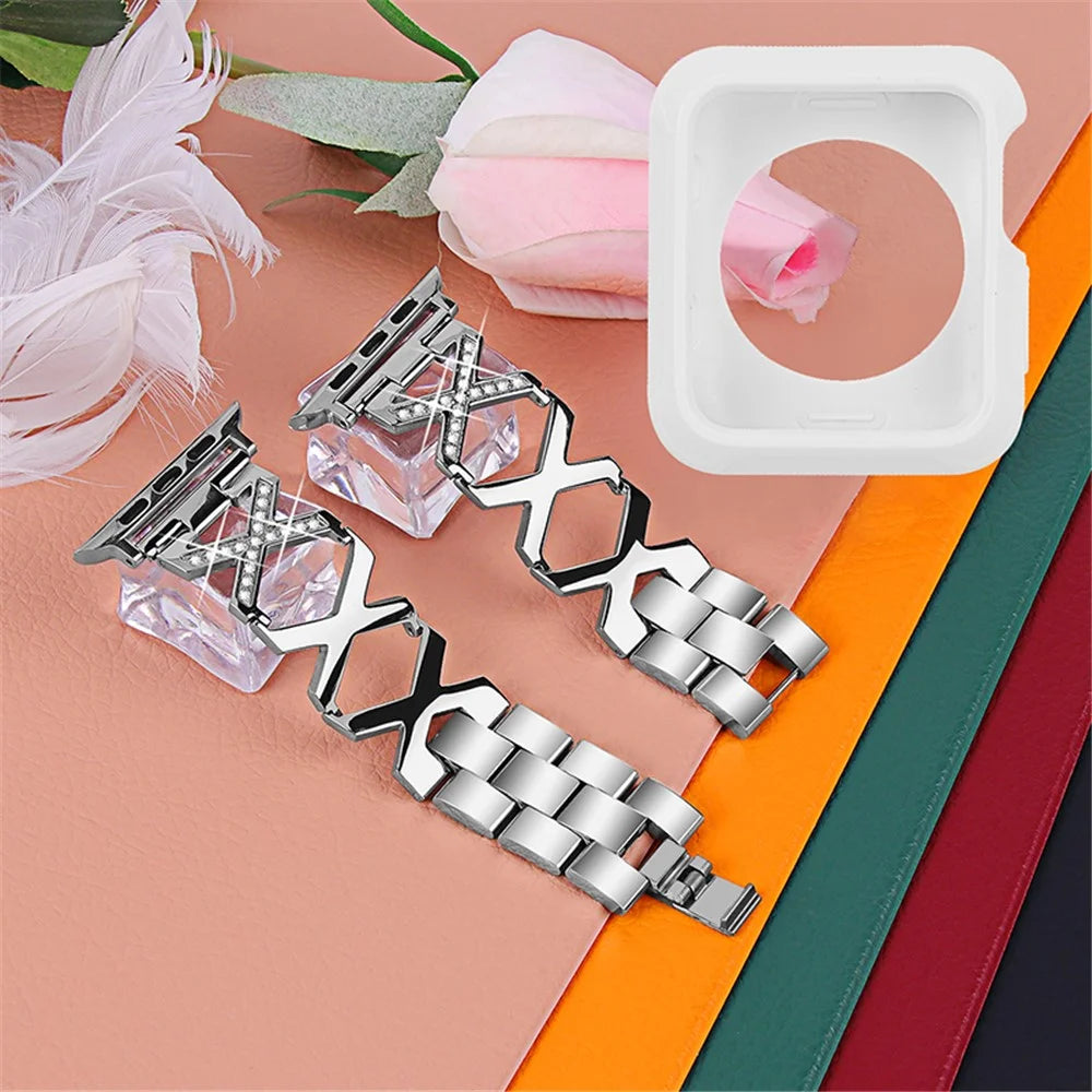 For Apple Watch Series 3 / 2 / 1 38mm Rhinestones Decor Hollow X-Shape Stainless Steel Watch Strap + White TPU Anti-Drop Watch Case - Silver - 2